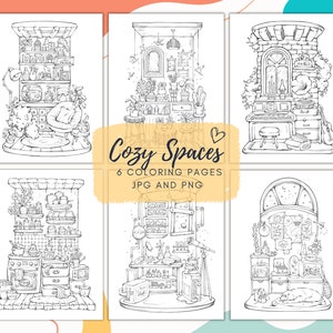 Könnte beinhalten: Sechs Schwarzweiß-Malvorlagen mit gemütlichen Räumen in verschiedenen Themen, darunter eine Küche, eine Bibliothek, ein Musikzimmer, ein Labor und ein Schlafzimmer. Die Seiten sind mit "Cozy Spaces" und "6 Coloring Pages JPG and PNG" betitelt.