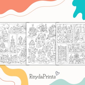 May include: A black and white coloring page featuring a variety of scenes, including a town with houses, a car, a tower, and a bookshelf. The page is divided into multiple panels, each with a different scene.