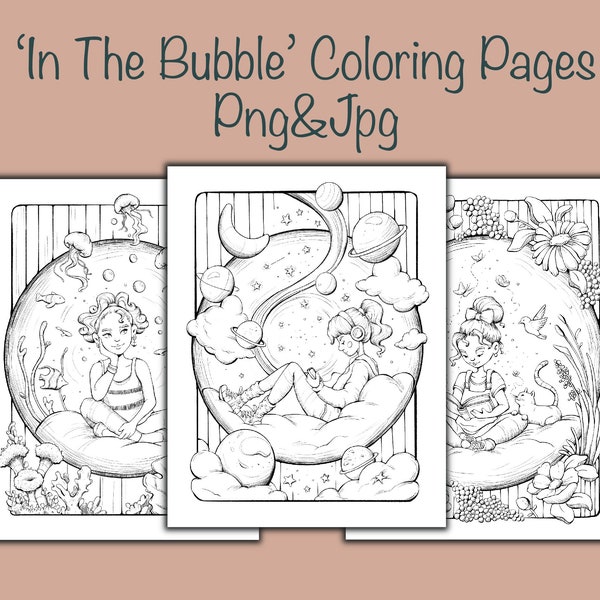 Coloring Printables, In The Bubble, Fantasy, Cute, Girls, Flowers, Ocean, Galaxy, Procreate, by Reydaprints