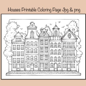 Peut inclure: Dessin au trait noir et blanc d'une rangée de maisons avec une rue devant. Les maisons ont plusieurs fenêtres et portes. Il y a des arbres de chaque côté des maisons.