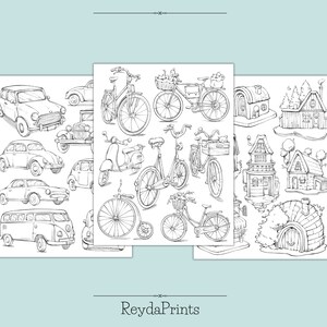 May include: A set of three black and white coloring pages featuring illustrations of cars, bicycles, and houses. The illustrations are detailed and whimsical, perfect for adults and children alike.