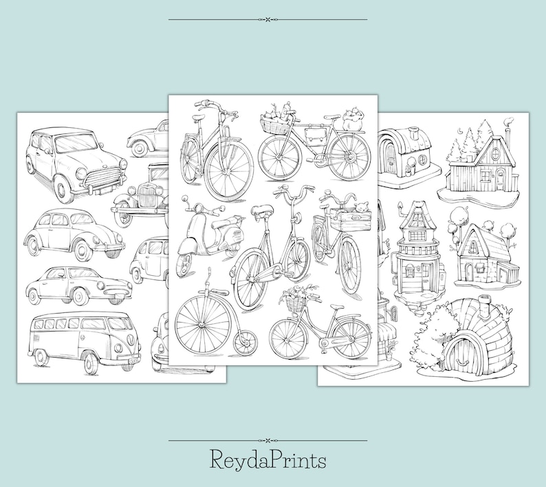 May include: A set of three black and white coloring pages featuring illustrations of cars, bicycles, and houses. The illustrations are detailed and whimsical, perfect for adults and children alike.