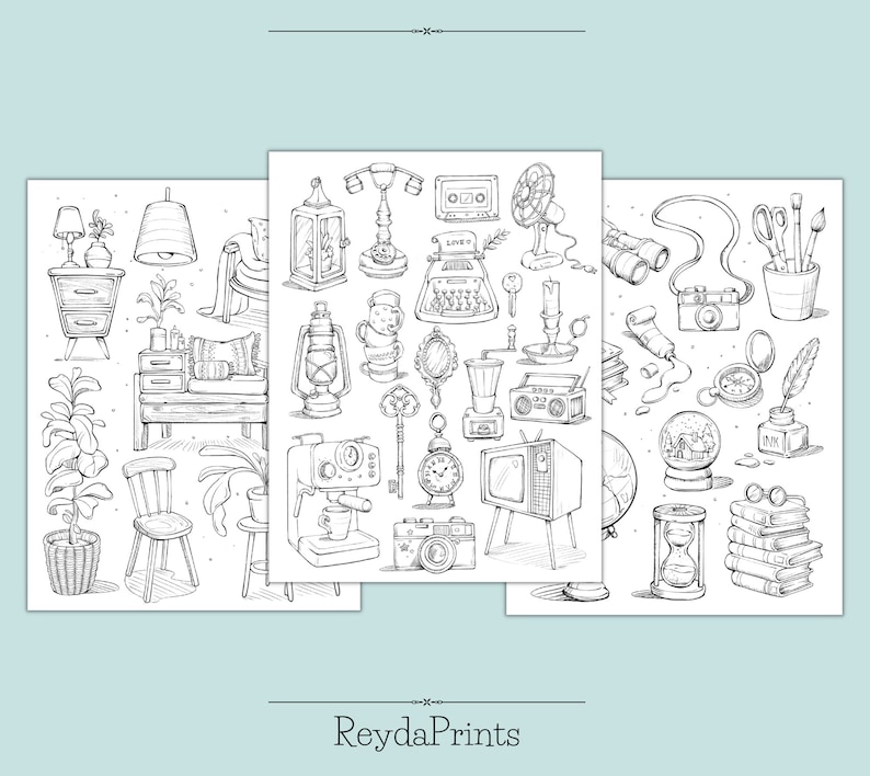 May include: A set of three black and white printable digital papers featuring hand-drawn illustrations of vintage objects, including a typewriter, a lamp, a coffee maker, a globe, a compass, a camera, and a snow globe.