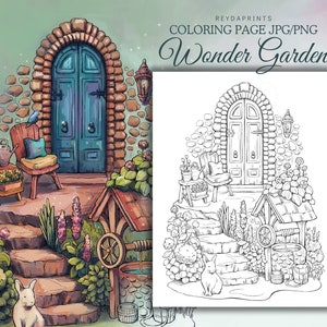 May include: A black and white coloring page of a whimsical garden with a stone archway, a door, a well, a bench, and a rabbit. The text "Wonder Garden" is at the top of the page.