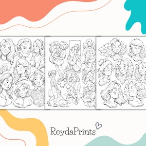 May include: A black and white coloring page featuring a variety of female characters with different hairstyles and expressions. The characters are drawn in a cartoon style and are arranged in a grid pattern.