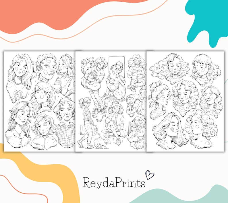 May include: A black and white coloring page featuring a variety of female characters with different hairstyles and expressions. The characters are drawn in a cartoon style and are arranged in a grid pattern.