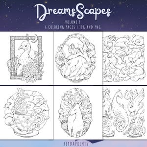 May include: A black and white illustration of a coloring book titled "DreamScapes Volume 1". The book features six coloring pages with detailed drawings of animals and fantasy creatures, including a peacock, fox, and deer.