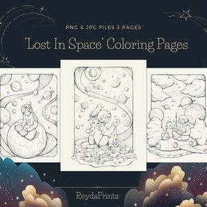 Puede incluir: Tres p&aacute;ginas para colorear en blanco y negro con un astronauta en el espacio. El astronauta sostiene un libro y est&aacute; rodeado de planetas y estrellas. El texto 'Lost In Space' Coloring Pages est&aacute; en la parte superior de la imagen.