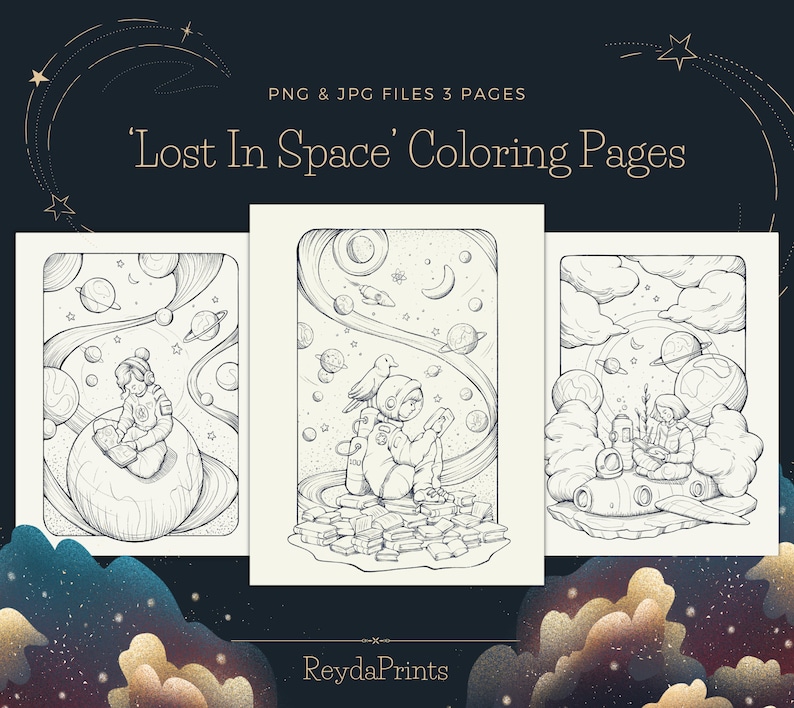 Puede incluir: Tres p&aacute;ginas para colorear en blanco y negro con un astronauta en el espacio. El astronauta sostiene un libro y est&aacute; rodeado de planetas y estrellas. El texto 'Lost In Space' Coloring Pages est&aacute; en la parte superior de la imagen.