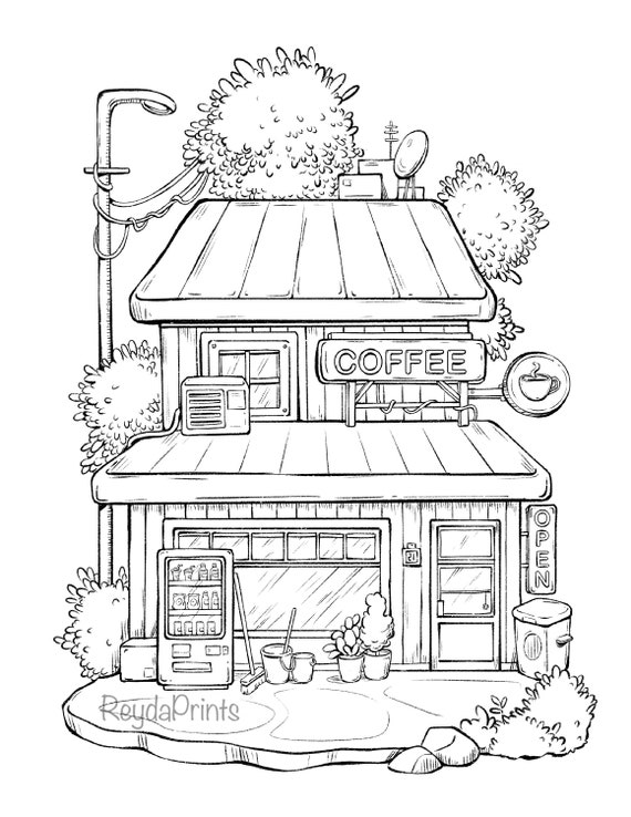 Set of 3 Print Cafe in Seoul Little Pub in Seoul City Train -   Coloring  book art, House colouring pages, Detailed coloring pages