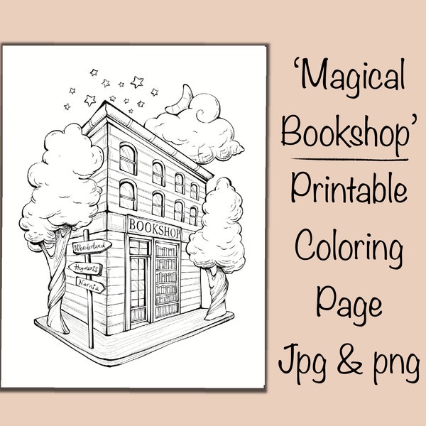 Magische Storefront Kleurplaat, Fantasy Bookshop, Architectuur, Gebouw, Procreate, Lettergrootte, Png jpg