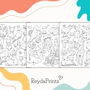 May include: A black and white coloring page featuring a variety of animals, including a cat, dog, deer, giraffe, flamingo, and seahorse. The page is divided into three sections, each with a different theme. The first section features farm animals, the second section features sea creatures, and the third section features jungle animals.