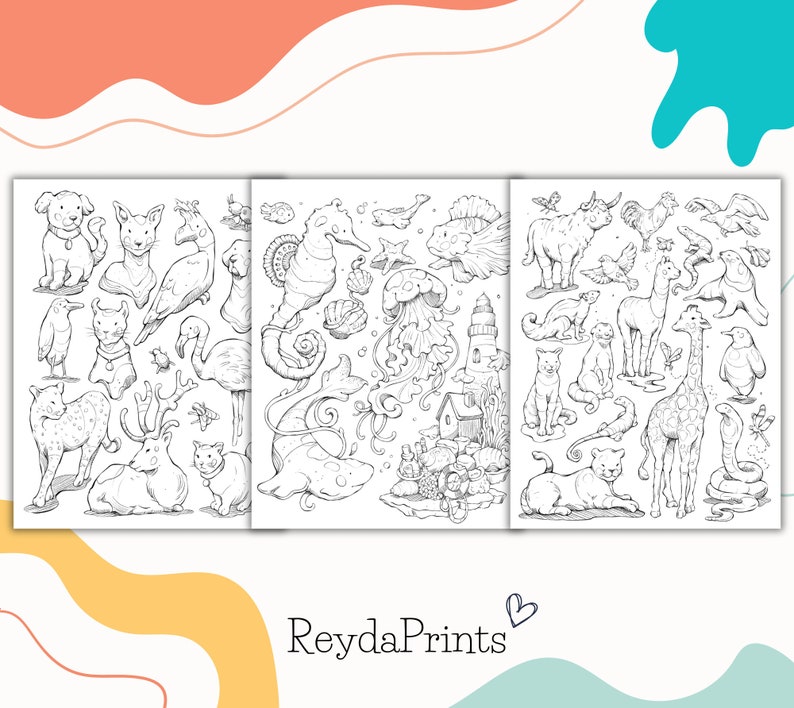 May include: A black and white coloring page featuring a variety of animals, including a cat, dog, deer, giraffe, flamingo, and seahorse. The page is divided into three sections, each with a different theme. The first section features farm animals, the second section features sea creatures, and the third section features jungle animals.