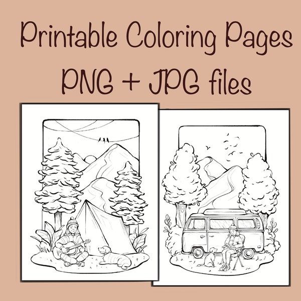 Camping Landscape Coloring Page, Landscape, Girl, Procreate, Png Jpg Pdf, Letter Size