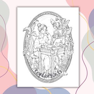Puede incluir: Ilustraci&oacute;n en blanco y negro de l&iacute;nea de arte de una mujer sentada en una mesa con una computadora port&aacute;til, rodeada de plantas y flores. El texto "Reydark Prints" est&aacute; en la parte inferior de la imagen.