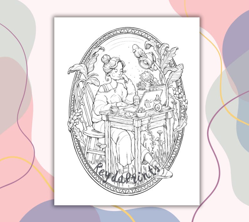 Puede incluir: Ilustraci&oacute;n en blanco y negro de l&iacute;nea de arte de una mujer sentada en una mesa con una computadora port&aacute;til, rodeada de plantas y flores. El texto "Reydark Prints" est&aacute; en la parte inferior de la imagen.