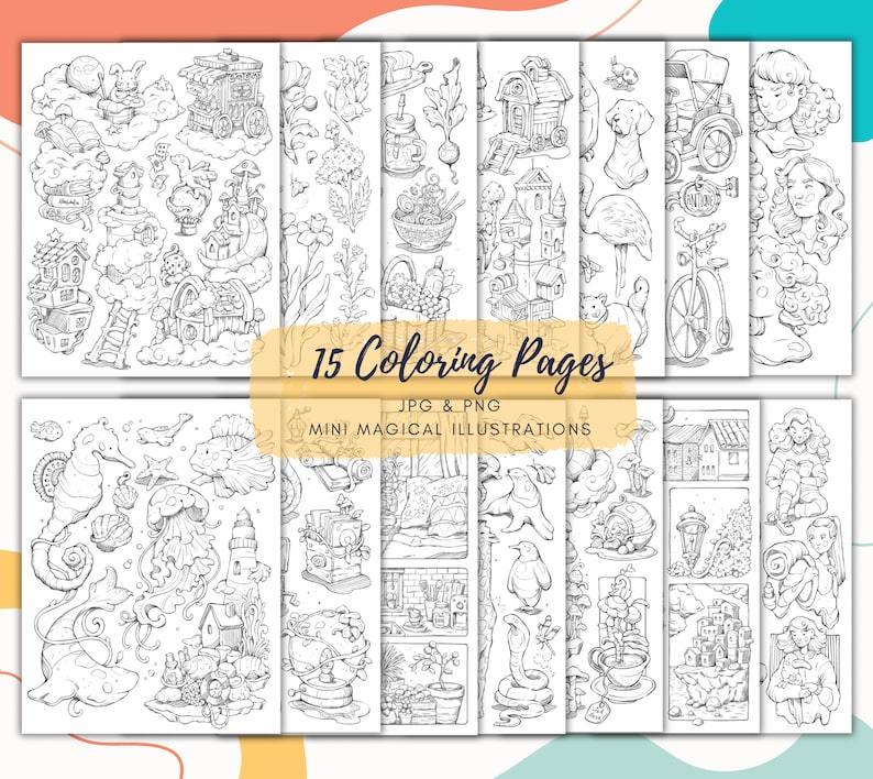 May include: A set of 15 black and white coloring pages featuring whimsical illustrations of magical creatures, houses, and objects. The illustrations are perfect for adults and children who enjoy coloring.