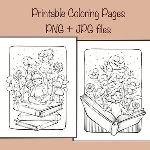 Girl Floral Books Coloring Pages, Fantasy, Procreate, Letter Size , Pdf