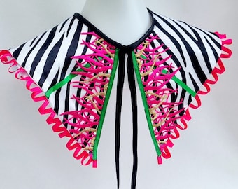 Zwart-witte zebra met een tint roze en groen afneembare kraag/Handgemaakte accessoires/Familiecadeaus