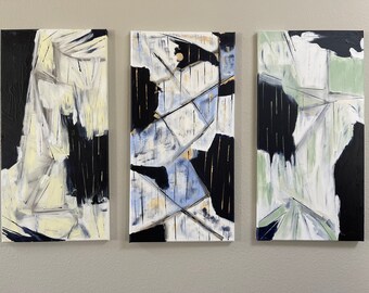 Triptyque abstrait moderne moderne - peintures texturées sur toile - jaune pastel, bleu et vert - groupe ou art mural acrylique unique