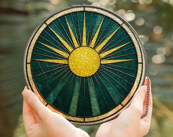 Sunburst Stained Glass Suncatcher, Green & Gold Sun Window Hanging, Mid Century Modern Sun Catcher, Boho Window Decor, Housewarming Gift