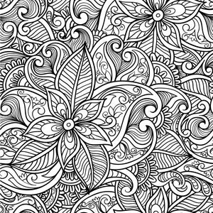 May include: Black and white intricate floral pattern with swirling lines and detailed flowers. This design is perfect for coloring books, fabric prints, or wallpaper.