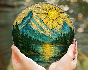 Mountain Lake Suncatcher, Scenic Mountain Window Hanging, Pine Forest Nature Decor, Sunlit Landscape Glass Art, Cabin Lodge Gift