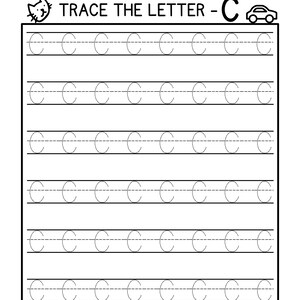 May include: Black and white worksheet with the text "TRACE THE LETTER - C" at the top. The worksheet has six rows of dotted lines with the letter "C" printed on each line. There is a cartoon cat and a cartoon car at the top of the worksheet.