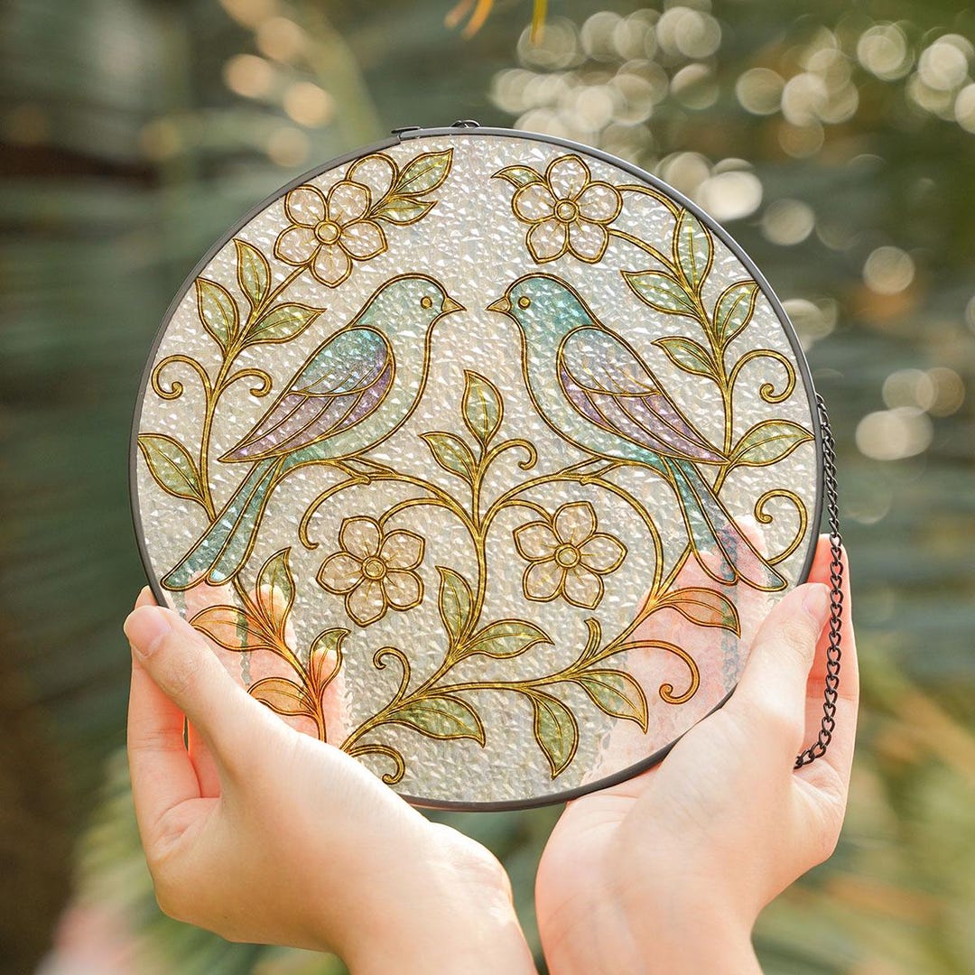 Bird Floral Stained Glass Suncatcher Round Window Decor Nature Art Gift ...