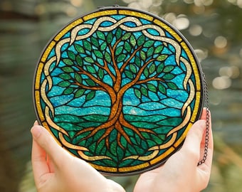 Tree of Life Stained Glass Suncatcher, Round Window Hanging, Teal Gold Sun Catcher, Celtic Tree Art Decor, Spiritual Gift, Boho Home Decor