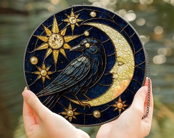 Raven Moon Suncatcher, Crow Crescent Moon Window Hanging, Jeweled Celestial Starry Night Decor, Gothic Cottagecore Wall Art, Bird Lover Gift