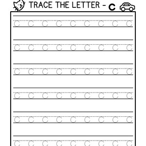May include: Black and white worksheet with the text "TRACE THE LETTER - C" at the top. The worksheet has six rows of dotted lines with the letter "C" at the beginning of each row. The letter "C" is repeated multiple times in each row.