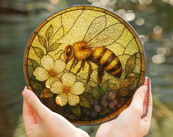 Bee Suncatcher, Stained Glass Style Honey Bee Window Hanging, Round Floral Sun Catcher, Cottagecore Garden Decor, Beekeeper Gift