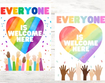 Todos son bienvenidos aquí, todos son bienvenidos aquí signo, cartel de espacio seguro, cartel de espacio seguro, carteles de aula, cartel de diversidad, inclusivo
