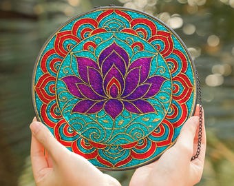 Lotus Suncatcher, Mandala Glass Window Hanging, Round Stained Glass Style Sun Catcher, Purple Lotus Decor, Boho Gift