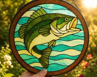 Largemouth Bass Fish Suncatcher - Lake House Window Art - Rustic Lodge Glass Panel Decor - Stained Glass Style Angler Retirement Gift