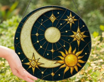 Himmlischer Sonne und Mond Sonnenfänger - Tag und Nacht Fenster Kunst - Witchy Boho Wohnkultur - Glasmalerei Stil Sonnenwende Geschenk