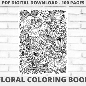 May include: Black and white line art illustration of a floral design. The design features a variety of flowers, leaves, and stems. This image is part of a 100-page floral coloring book.