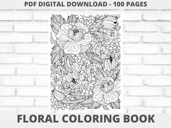 Floral Coloring Book PDF, Adult Coloring Pages Printable, Botanical Coloring Pages For Adults, Stress Relief Floral Coloring Pages