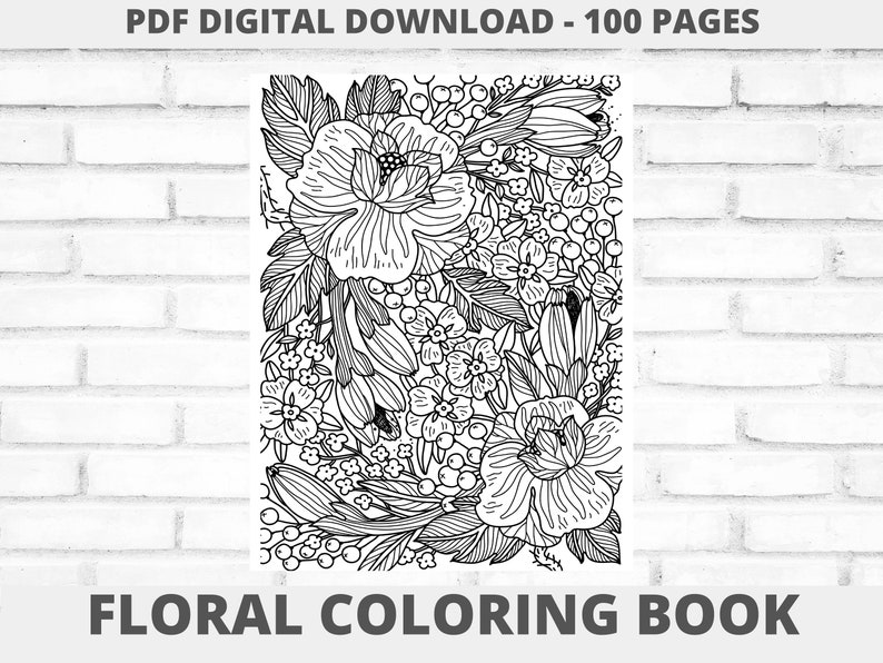 May include: Black and white line art illustration of a floral design. The design features a variety of flowers, leaves, and stems. This image is part of a 100-page floral coloring book.