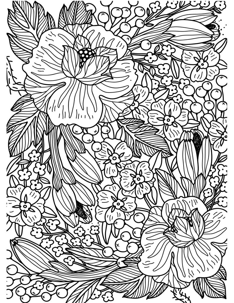 May include: A black and white line drawing of a floral bouquet with large and small flowers, leaves, and berries.