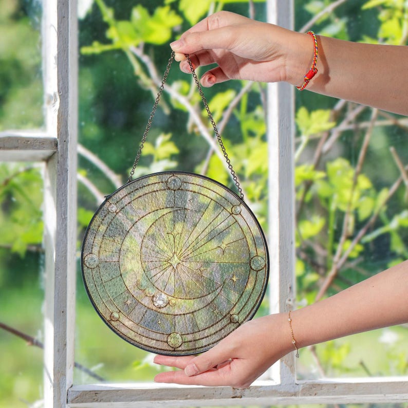 Crescent Moon Glass Suncatcher, Round Stained Glass Style Window Hanging, Celestial Starburst Sun Catcher, Minimal Moon Decor Gift image 8