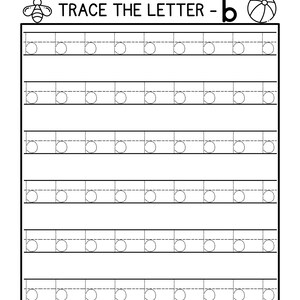 May include: Black and white worksheet with dotted lines for tracing the lowercase letter 'b'. The worksheet includes a bee and a beach ball.