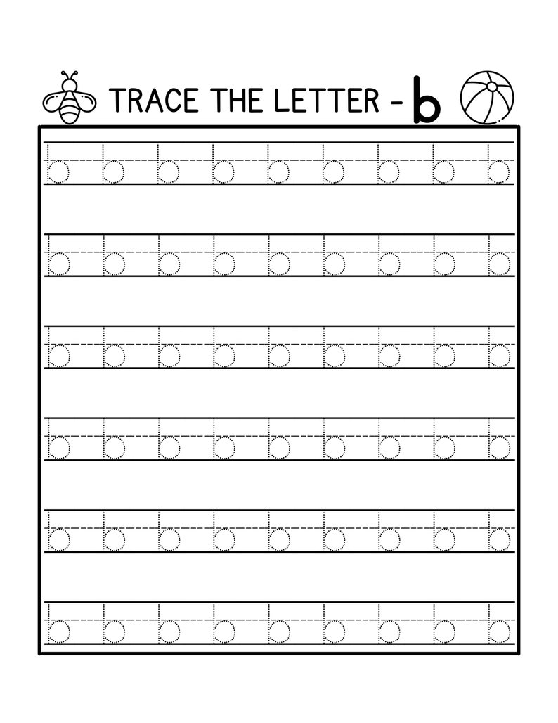 May include: Black and white worksheet with dotted lines for tracing the lowercase letter 'b'. The worksheet includes a bee and a beach ball.
