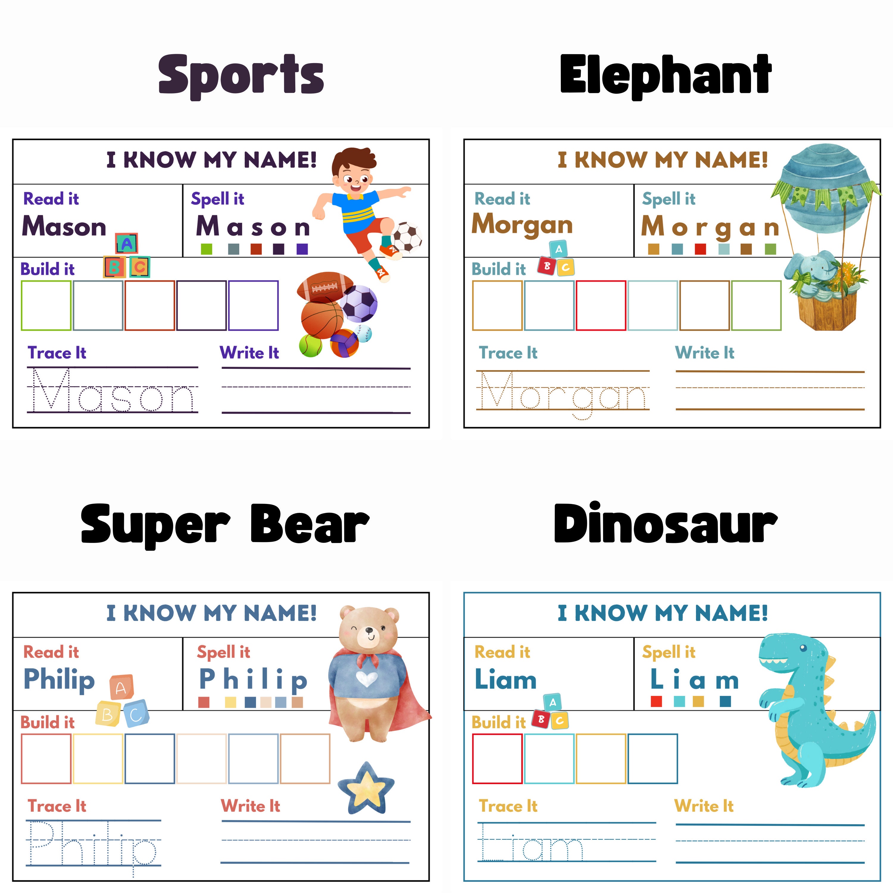 Personalized name tracing mats for early learners.