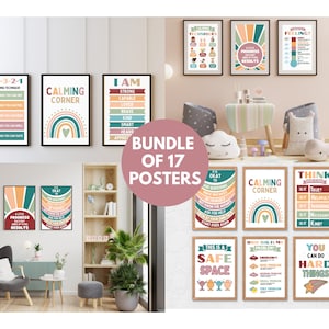 Calming Corner Classroom Poster, Boho Retro Decor Bundle, Educational Posters for Elementary Schools, Kindergarten
