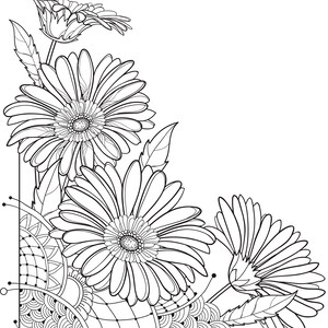 May include: Black and white line art illustration of a corner border design featuring three daisy flowers with intricate details. The flowers are arranged in a corner with leaves and a decorative background.