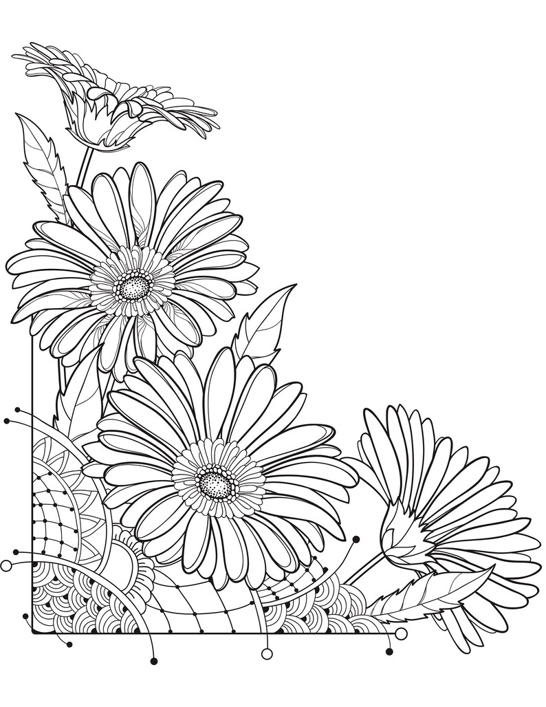 May include: Black and white line art illustration of a corner border design featuring three daisy flowers with intricate details. The flowers are arranged in a corner with leaves and a decorative background.