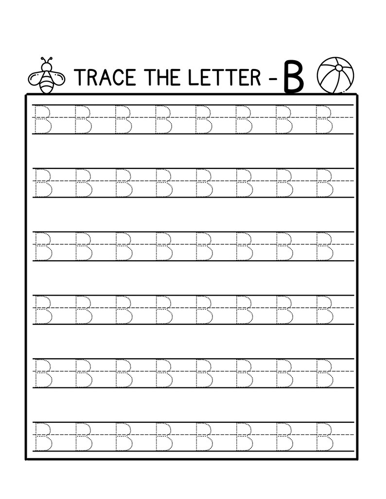 May include: Black and white worksheet with the text "TRACE THE LETTER - B" at the top. The worksheet has dotted lines for tracing the letter B.