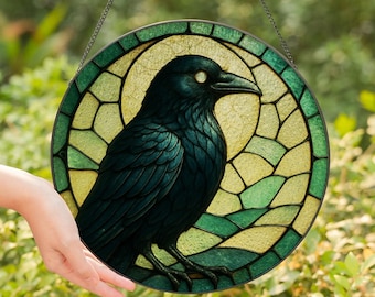 Crow Stained Glass Suncatcher, Gothic Raven Window Hanging, Dark Cottagecore Bird Art, Nature Witch Decor, Unique Gift for Bird Lovers